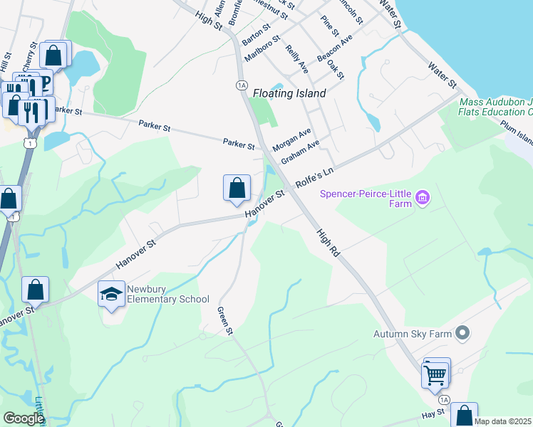 map of restaurants, bars, coffee shops, grocery stores, and more near 5 Hanover Street in Newbury
