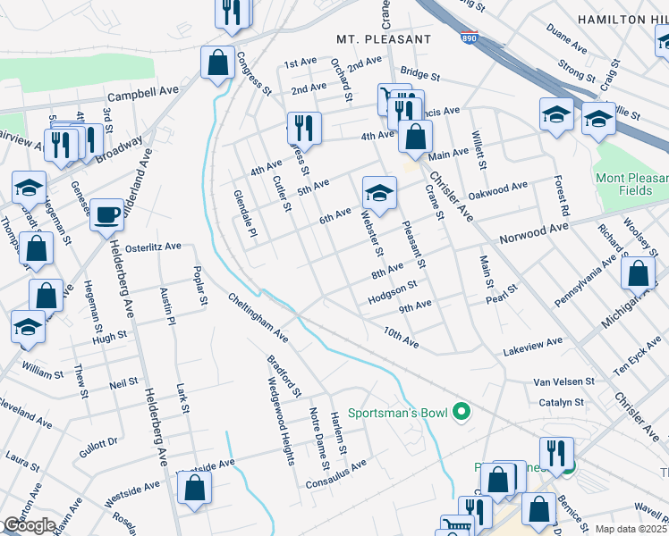 map of restaurants, bars, coffee shops, grocery stores, and more near 1112 Congress Street in Schenectady