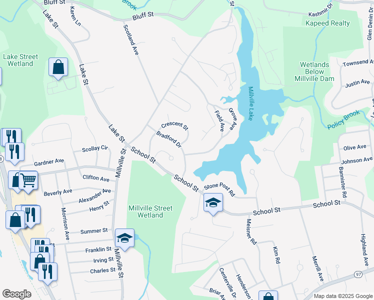 map of restaurants, bars, coffee shops, grocery stores, and more near 76 Grove Avenue in Salem