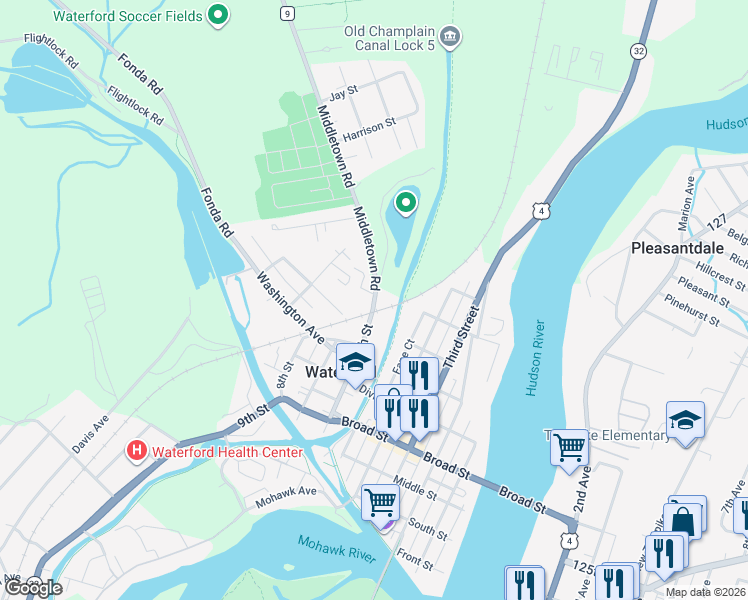 map of restaurants, bars, coffee shops, grocery stores, and more near 45 6th Street in Waterford