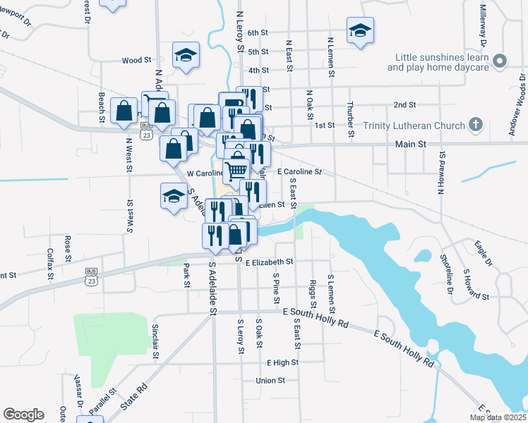 map of restaurants, bars, coffee shops, grocery stores, and more near 204 East Ellen Street in Fenton