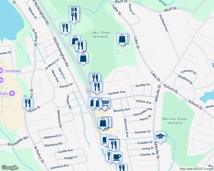map of restaurants, bars, coffee shops, grocery stores, and more near 9 Belair Lane in Salem