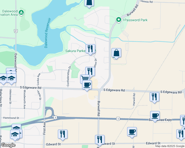map of restaurants, bars, coffee shops, grocery stores, and more near 104 Confederation Drive in St. Thomas