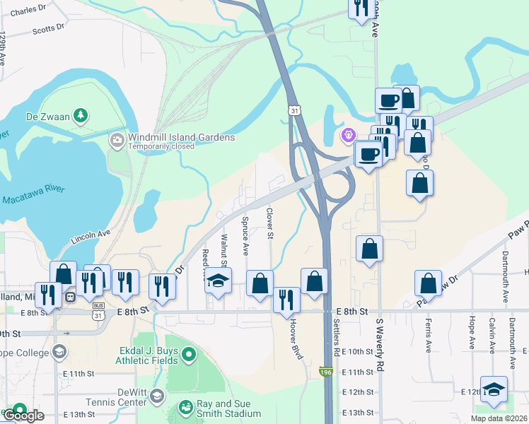 map of restaurants, bars, coffee shops, grocery stores, and more near 520 Chicago Drive in Holland