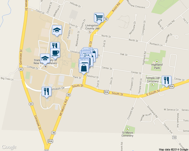 map of restaurants, bars, coffee shops, grocery stores, and more near 15 Chestnut St in Geneseo