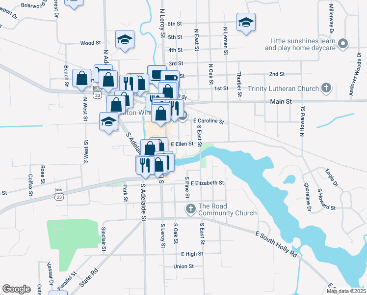 map of restaurants, bars, coffee shops, grocery stores, and more near 204 East Ellen Street in Fenton