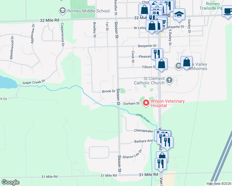 map of restaurants, bars, coffee shops, grocery stores, and more near 392 Brook Drive in Romeo