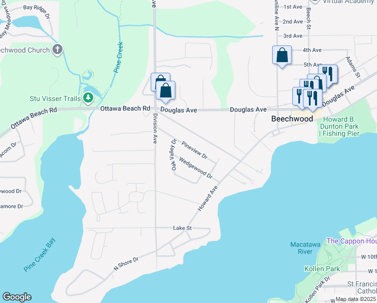 map of restaurants, bars, coffee shops, grocery stores, and more near 602 Pineview Drive in Holland