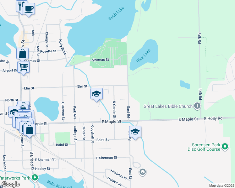 map of restaurants, bars, coffee shops, grocery stores, and more near 132 North Corbin Street in Holly