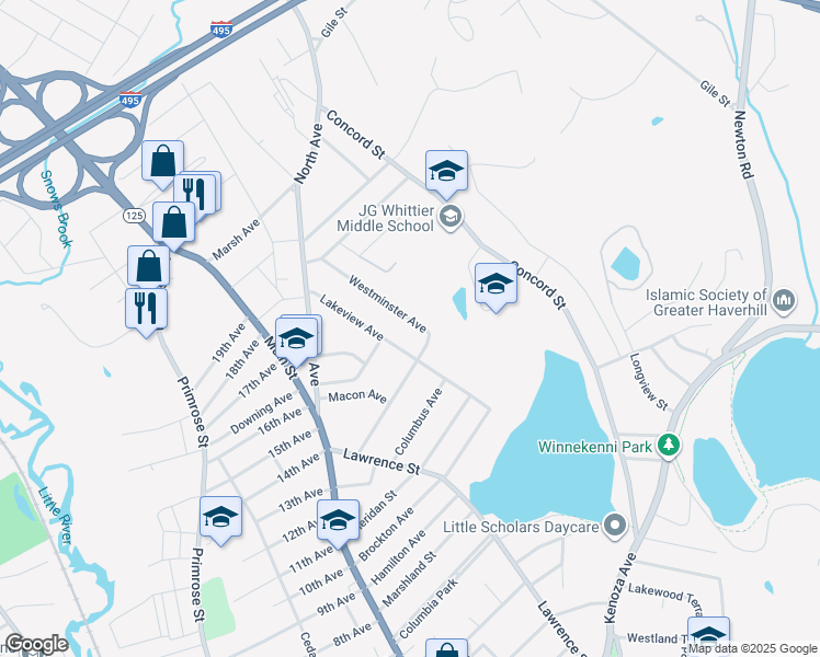map of restaurants, bars, coffee shops, grocery stores, and more near 75 Westminster Avenue in Haverhill