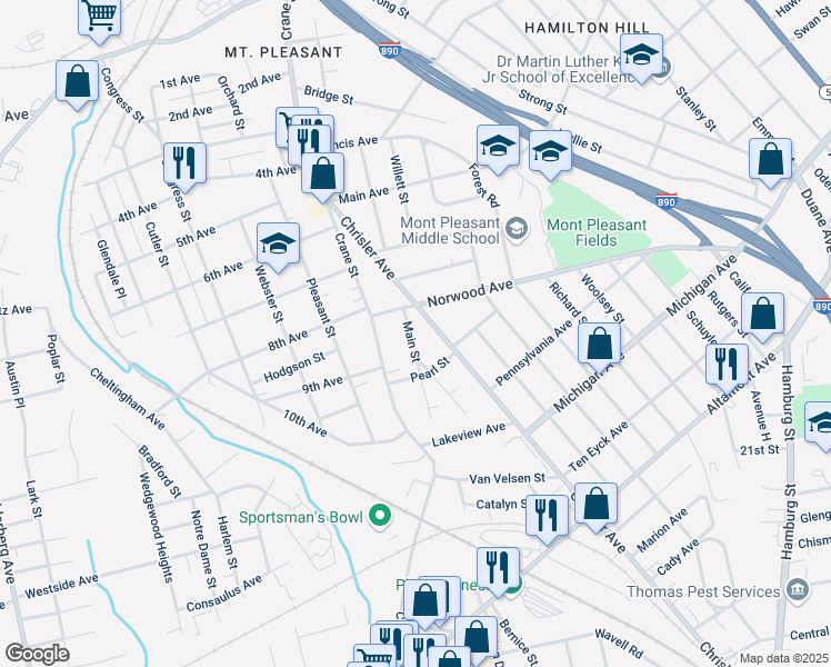 map of restaurants, bars, coffee shops, grocery stores, and more near 1229 Main Street in Schenectady
