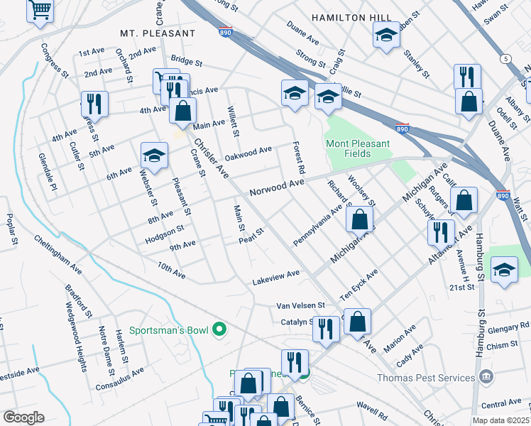 map of restaurants, bars, coffee shops, grocery stores, and more near 1259 Chrisler Avenue in Schenectady