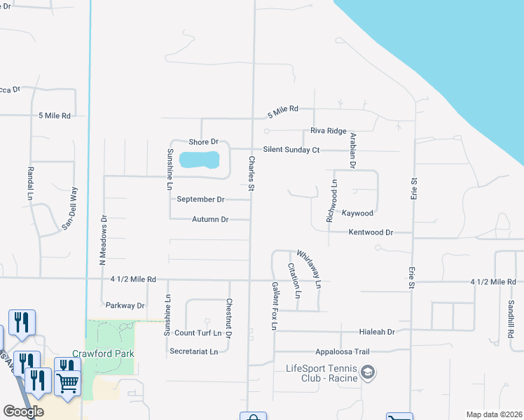 map of restaurants, bars, coffee shops, grocery stores, and more near 5735 Charles Street in Racine