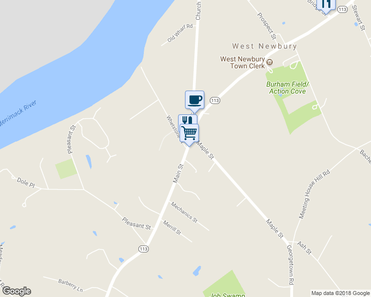 map of restaurants, bars, coffee shops, grocery stores, and more near 274 Main Street in West Newbury