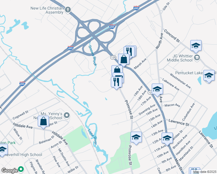 map of restaurants, bars, coffee shops, grocery stores, and more near 17 Primrose Way in Haverhill