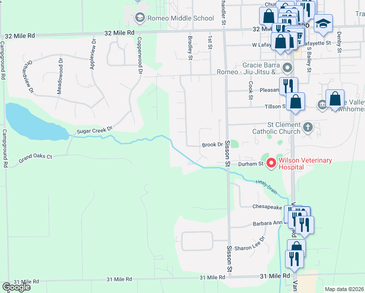 map of restaurants, bars, coffee shops, grocery stores, and more near 330 Brook Drive in Romeo