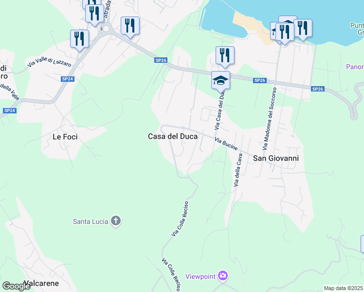 map of restaurants, bars, coffee shops, grocery stores, and more near 17 Via Colle Reciso in Casa del Duca