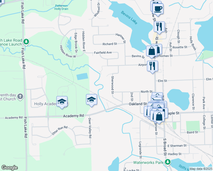 map of restaurants, bars, coffee shops, grocery stores, and more near 313 Sherwood Street in Holly