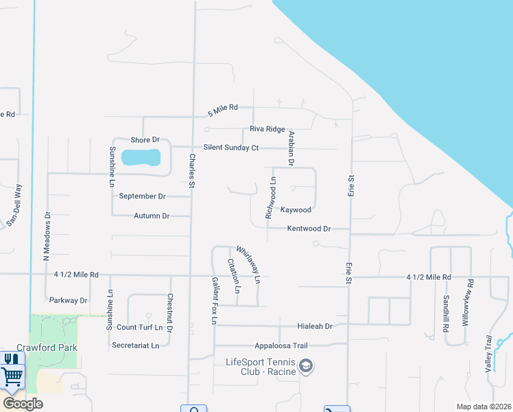map of restaurants, bars, coffee shops, grocery stores, and more near 5657 Northway Drive in Racine
