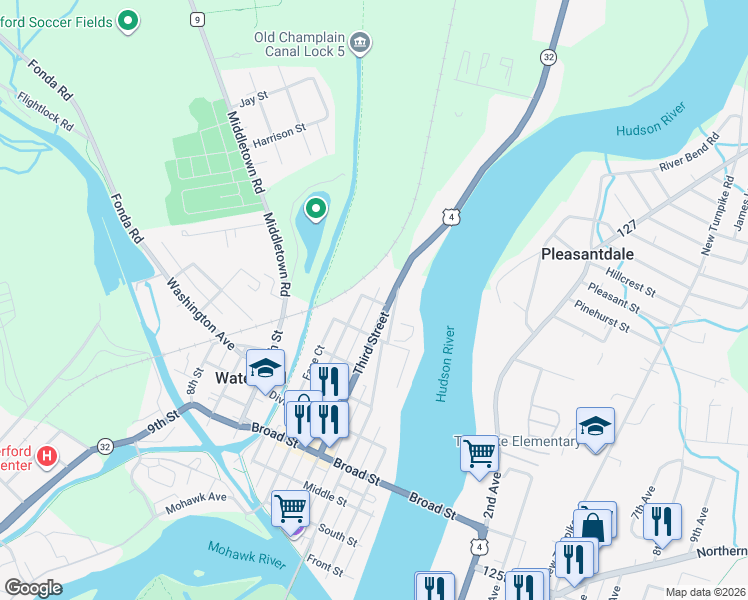 map of restaurants, bars, coffee shops, grocery stores, and more near State Street in Waterford