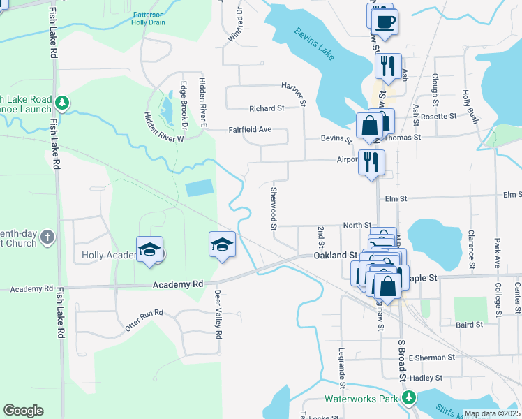 map of restaurants, bars, coffee shops, grocery stores, and more near 313 Sherwood Street in Holly