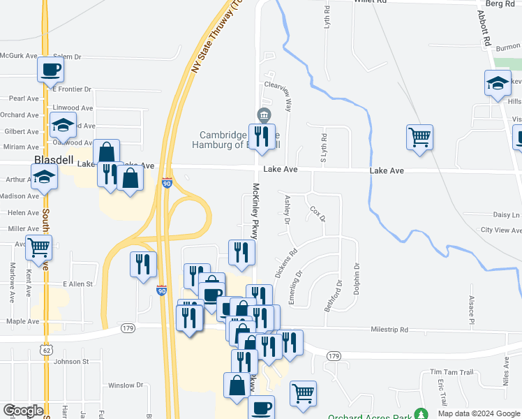 map of restaurants, bars, coffee shops, grocery stores, and more near 3319 McKinley Parkway in Buffalo