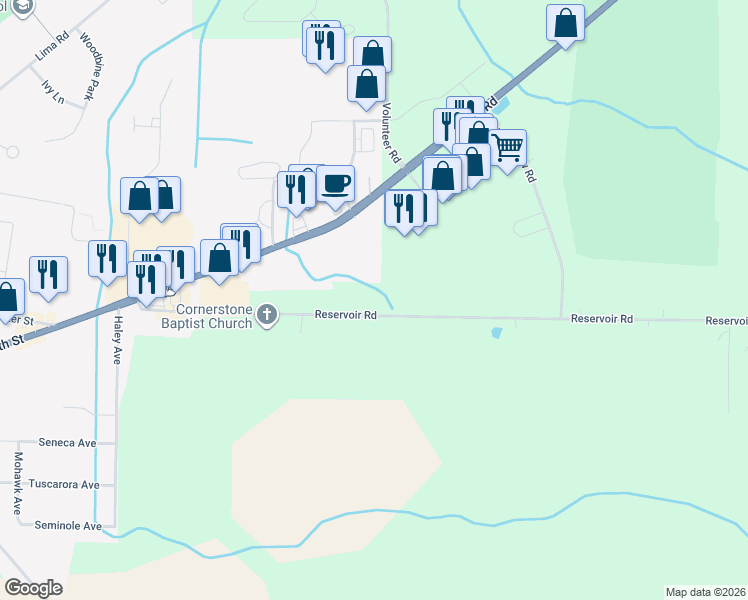 map of restaurants, bars, coffee shops, grocery stores, and more near 4321 Reservoir Road in Geneseo