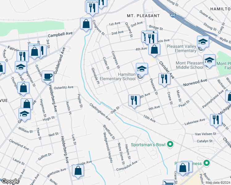 map of restaurants, bars, coffee shops, grocery stores, and more near 1096 Cutler Street in Schenectady