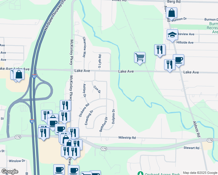 map of restaurants, bars, coffee shops, grocery stores, and more near 3341 Bethford Drive in Buffalo