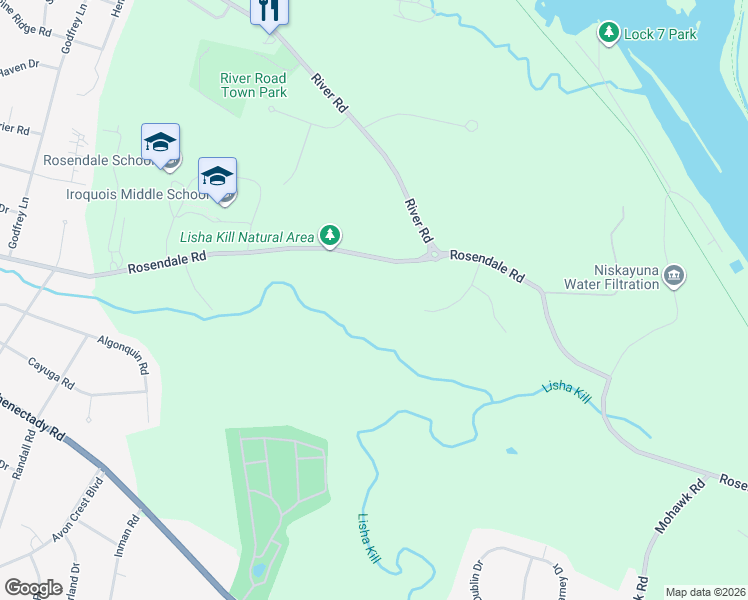 map of restaurants, bars, coffee shops, grocery stores, and more near 2600 Rosendale Road in Schenectady County