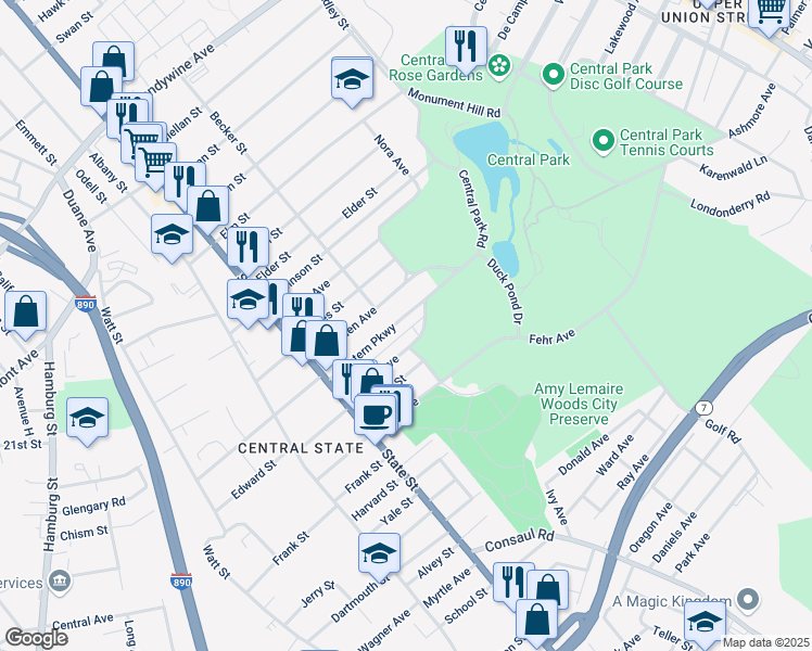 map of restaurants, bars, coffee shops, grocery stores, and more near 110 Western Parkway in Schenectady