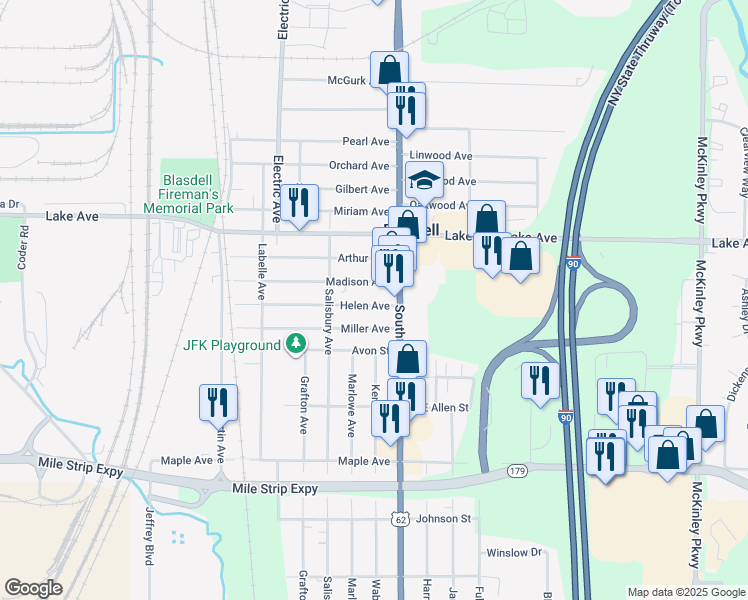 map of restaurants, bars, coffee shops, grocery stores, and more near 21 Helen Avenue in Buffalo