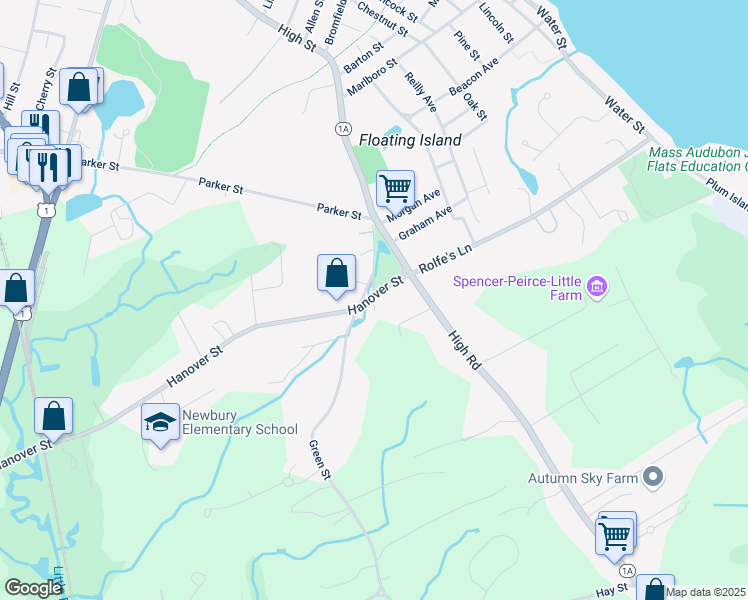 map of restaurants, bars, coffee shops, grocery stores, and more near 5 Hanover Street in Newbury