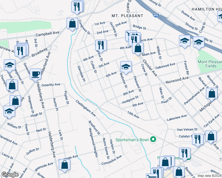 map of restaurants, bars, coffee shops, grocery stores, and more near 1112 Congress Street in Schenectady