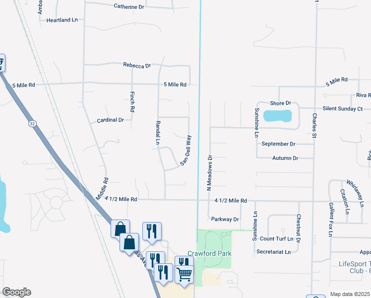 map of restaurants, bars, coffee shops, grocery stores, and more near 5690 San-Dell Way in Racine