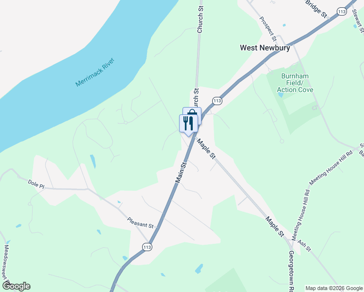 map of restaurants, bars, coffee shops, grocery stores, and more near 274 Main Street in West Newbury