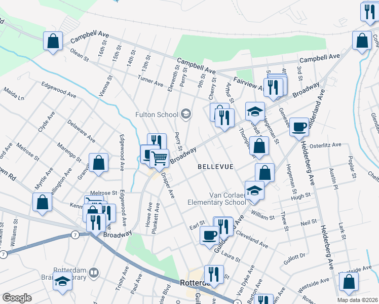 map of restaurants, bars, coffee shops, grocery stores, and more near Broadway & Eleanor St in Schenectady
