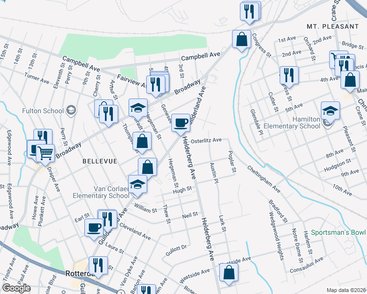 map of restaurants, bars, coffee shops, grocery stores, and more near 1018 Helderberg Avenue in Schenectady