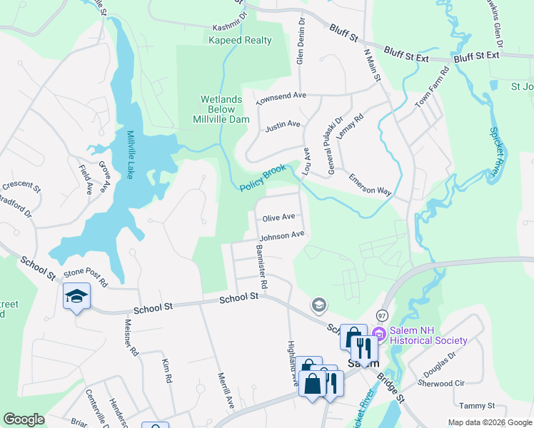 map of restaurants, bars, coffee shops, grocery stores, and more near 10 Olive Avenue in Salem