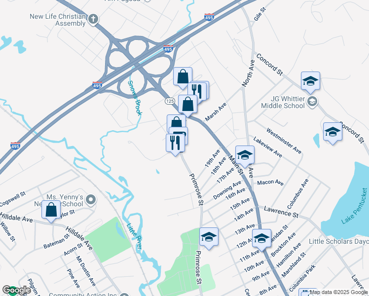 map of restaurants, bars, coffee shops, grocery stores, and more near 631 Primrose Street in Haverhill