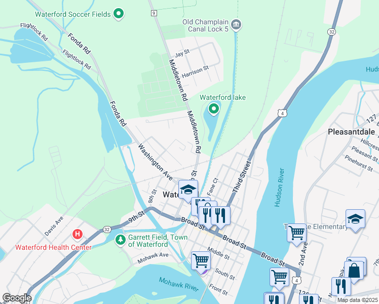 map of restaurants, bars, coffee shops, grocery stores, and more near 45 6th Street in Waterford