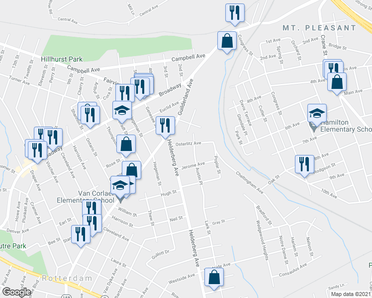 map of restaurants, bars, coffee shops, grocery stores, and more near 1050 Austin Place in Schenectady