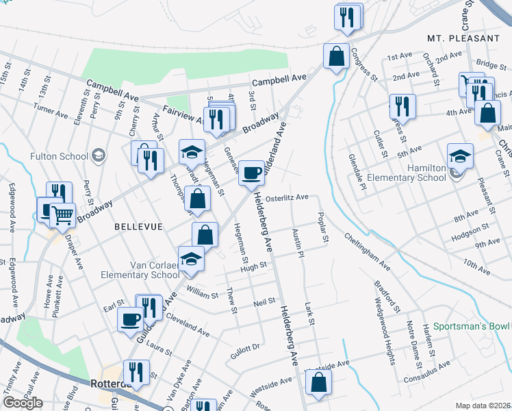 map of restaurants, bars, coffee shops, grocery stores, and more near 1018 Helderberg Avenue in Schenectady