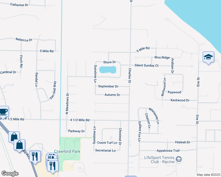 map of restaurants, bars, coffee shops, grocery stores, and more near 1708 Autumn Drive in Racine