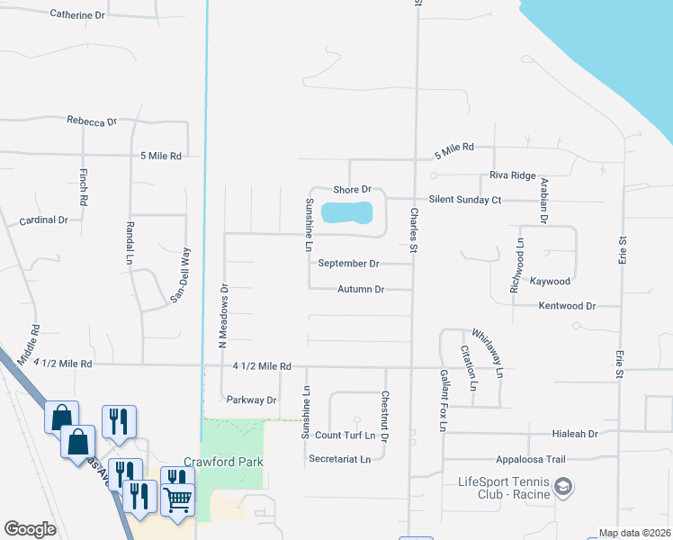 map of restaurants, bars, coffee shops, grocery stores, and more near 1708 Autumn Drive in Racine
