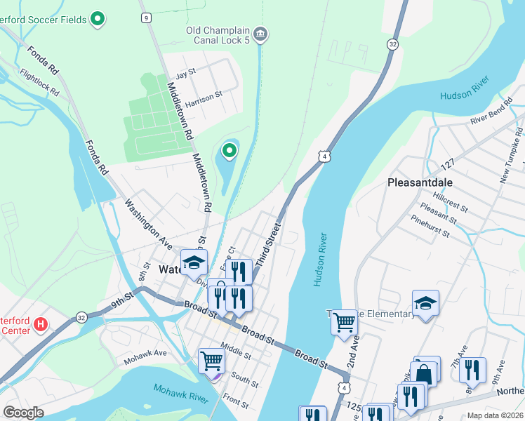 map of restaurants, bars, coffee shops, grocery stores, and more near State Street in Waterford