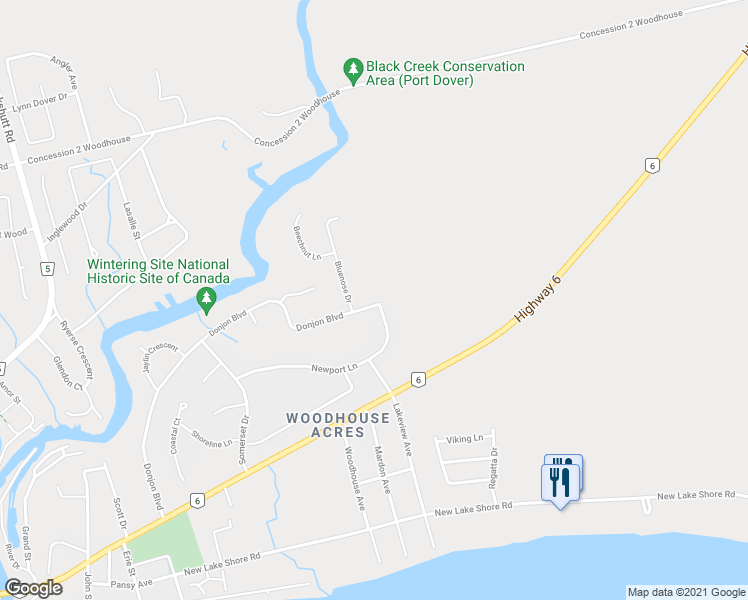 map of restaurants, bars, coffee shops, grocery stores, and more near 195 Donjon Boulevard in Port Dover