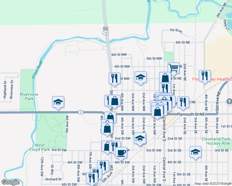 map of restaurants, bars, coffee shops, grocery stores, and more near 101-199 4th Avenue Northwest in Le Mars
