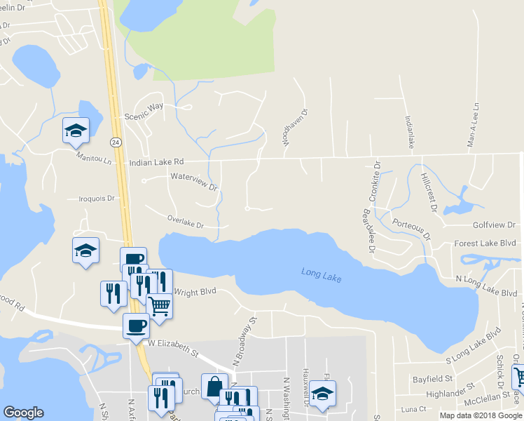 map of restaurants, bars, coffee shops, grocery stores, and more near 388 Gan Eden Drive in Orion charter Township