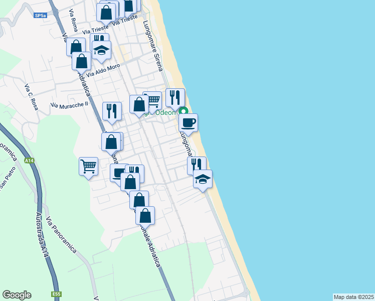 map of restaurants, bars, coffee shops, grocery stores, and more near 376 Lungomare Sirena in Tortoreto Lido